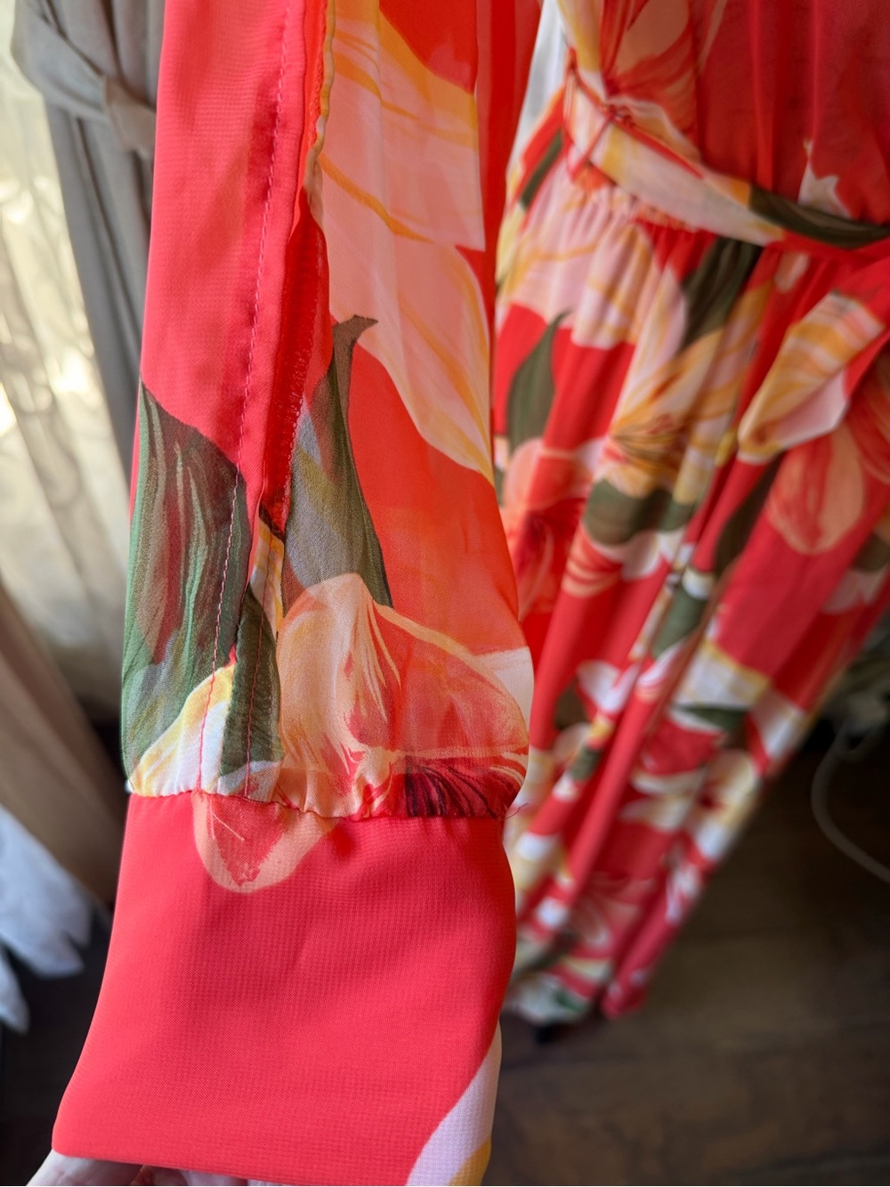 Kate & Lily Coral Floral Chiffon Wrap Maxi Dress Long Sleeve Belted Size 8 - Picture 4 of 11